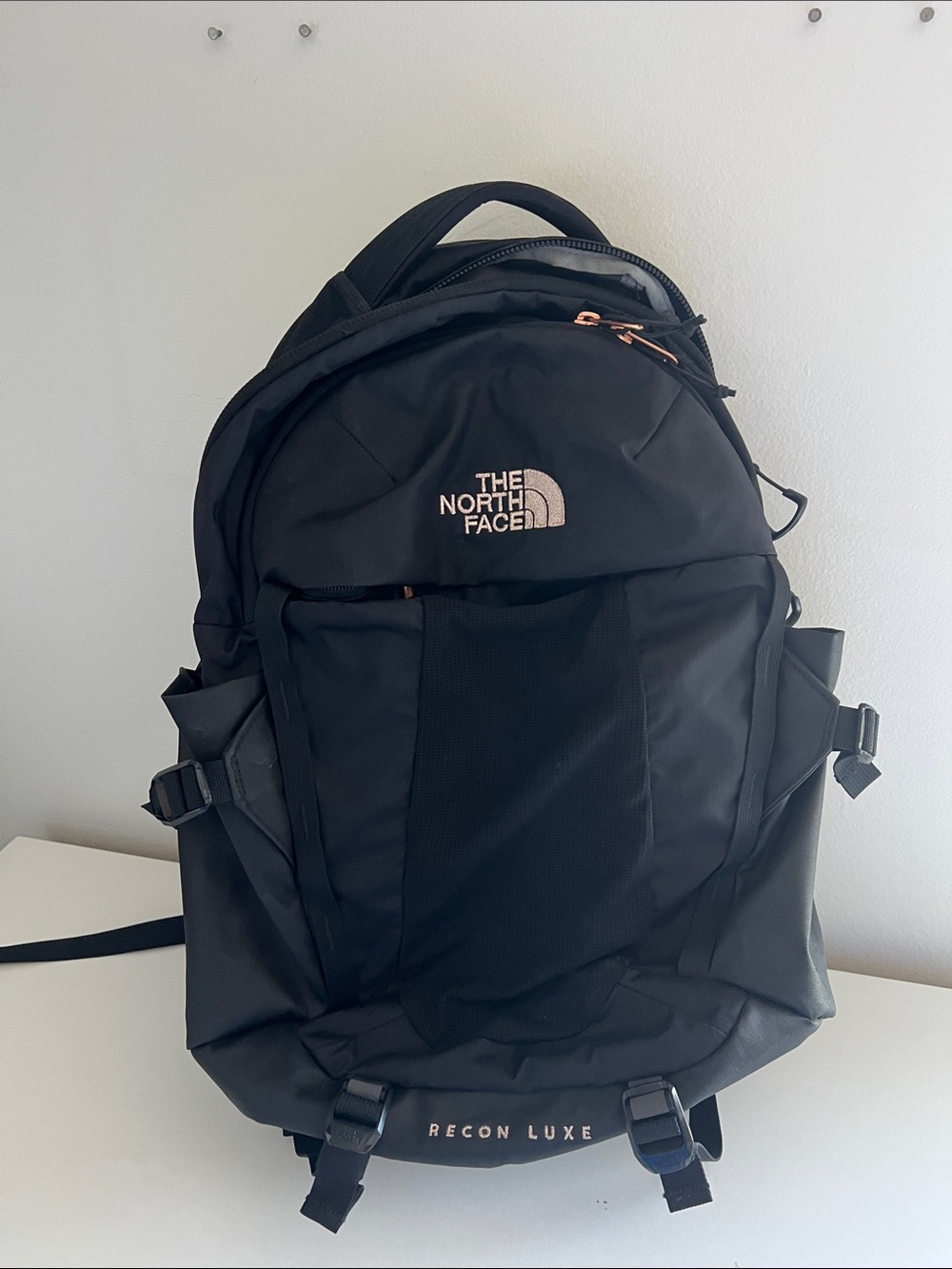 The North Face Recon Luxe Black Backpack with Rose Gold Accents